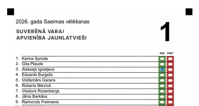 Vēlēšanu zīme Vidzemē: saraksts Nr. 1, kandidāts Nr. 3 Aleksejs Ignatjevs, aizpildīts ovāls kolonnā PAR