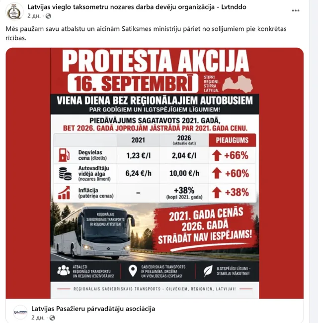 LPPA protesta akcijas plakāts 16. septembrim: viena diena bez reģionālajiem autobusiem, ar degvielas, darba samaksas un inflācijas salīdzinājumu